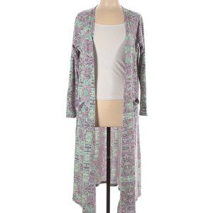 LuLaRoe Sarah Boho Geometric Purple Green Open Duster Pockets Long Sleeve L